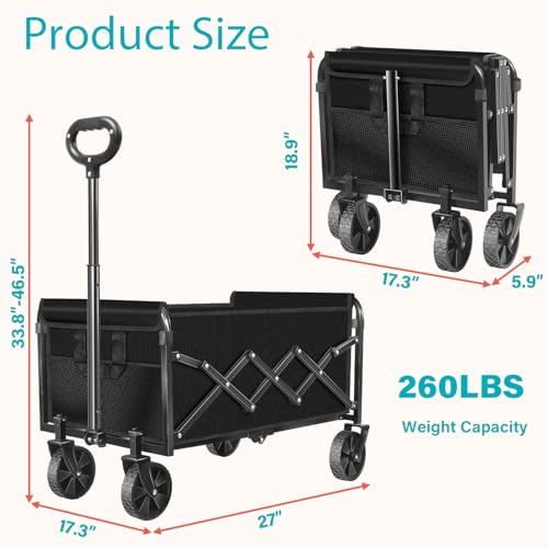 Wagons Carts Foldable,Folding Wagon Cart, Collapsible Utility Wagon with Adjustable Handle, Portable Grocery and Shopping Wagon for Apartment, Park, Sports, Picnic and Daily Use - size: 260LB