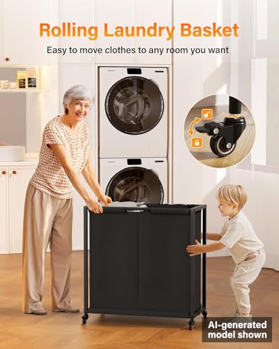 2 Section 103L Laundry Sorter, Wheels & Shelf & Oxford Fabric Bags | Laundry Basket Organizer, Clothes Hamper with Shelf 2 Compartment, Easy to move, Room Organization