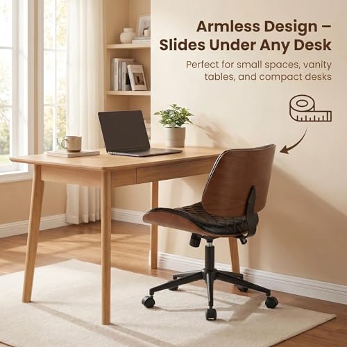 Furnimart Armless Small Desk Chair with Wheels, 360° Swivel Faux Leather Vanity Chair for Bedroom, Compact Home Office Task Chair for Small Spaces, Heavy-Duty Wood Frame(PU Black) - color: Faux Leather-black