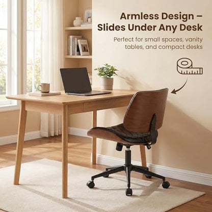 Furnimart Armless Small Desk Chair with Wheels, 360° Swivel Faux Leather Vanity Chair for Bedroom, Compact Home Office Task Chair for Small Spaces, Heavy-Duty Wood Frame(PU Black) - color: Faux Leather-black