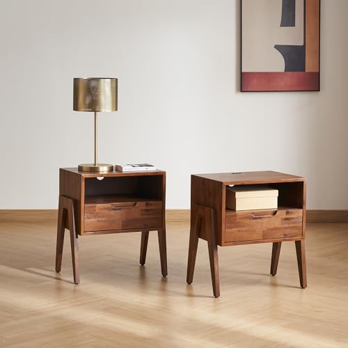 mopio Ted Solid Wood Nightstand with Charging Station, Mid Century Modern Storage Night Stand, Small Side Table Drawer, Bedside, End Table USB C & USB A Ports (Set of 2) - size: Set of 2
