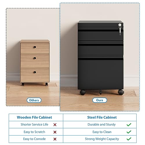 3 Drawer Mobile File Cabinet with Lock,Under Desk Rolling File Cabinet for Home Office Fits Legal/Letter/A4 File (Unassembled,Black) - color: Black, size: 14.6"W x 24.4"H x 17.3"D