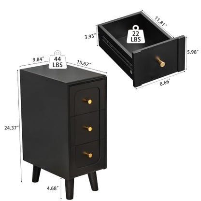 Small Nightstand Set of 2, Narrow Nightstand Slim Couch Side Table with Drawers, Wood End Tables with Storage for Living Room, Bedroom, Small Spaces (3Drawers-Black-2PCS) - color: 3drawers-black-2pcs