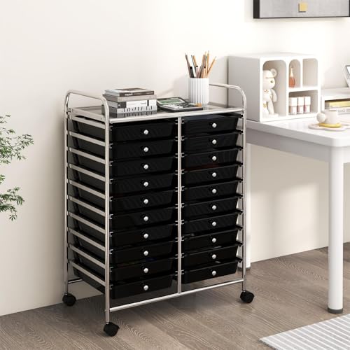 DREAMADE Rolling Cart With Storage Drawers, Utility Cart With Removable Plastic Drawers, Lockable Wheels for Classroom Organization, Art Supplies, Office, Scrapbook (20 Drawers, Black) - color: Black, style: 20 Drawers