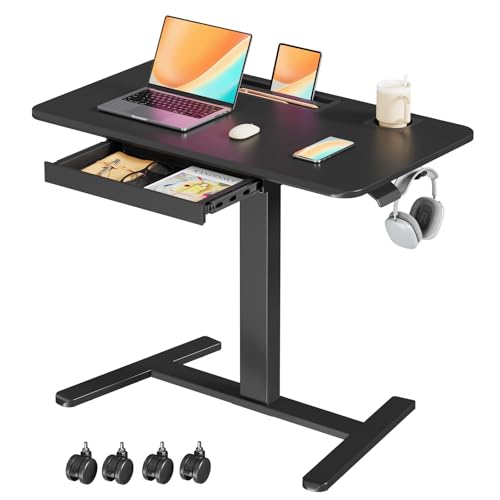 Mobile Standing Desk with Drawer, 35" Small Standing Desk with Cup Holder, Rolling Laptop Cart on Wheels, Height Adjustable Table with Storage for Home Office, Black - color: Black, size: 35"