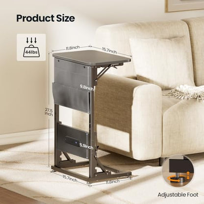 HLDIRECT C Shaped End Table with Charging Station & Storage Bag Gray | 2 USB & 2 Outlets, Storage Bag, FSC Wood, Foldable, 11.8"D x 15.7"W, for Small Spaces, Couch, Bedroom - color: Grey