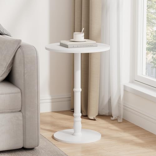 Homleke 16" Round Side Table with Solid Wood Pillar, Large Drink Table | Accent Table for Sofa Side, Wood Top & Base, Easy Assembly, Living Room, Bedroom, Office, White - color: White
