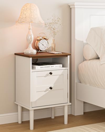 Nightstand, Boho Night Stand with 1 Drawer, Modern Side Accent Table with Open Shelf, Wooden Top Bedside End Table for Bedroom, Living Room, White - color: White