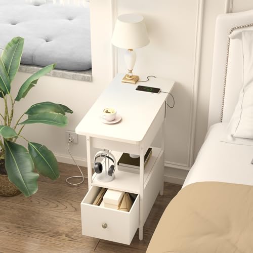 SOOWERY End Table with Charging Station, Narrow Side Table with Flip Top Cabinet and Fabric Drawer, Nightstand Bedside Tables for Small Spaces, Bedroom, Living Room, White