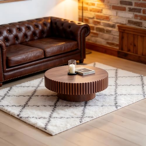 Coffee Table Modern Wood Round Fluted, Ø31.5'' X 13.8''H Small Space Brown Circular Drum Coffee Tables Circle Fluted Center Living Room Drum Tea Accent Apartment Home Furniture Easy Assembly Walnut - color: 31.49 Walnut 2026