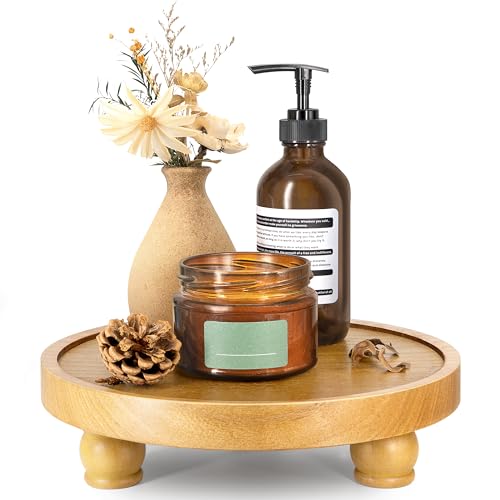 EOSAHR Farmhouse Round Wood Riser – Wooden Tray Pedestal Stand for Bathroom Decor & Kitchen Sink – Decorative Riser Display Stand for Cupcake and Sponge (Light Brown) - color: Light Brown