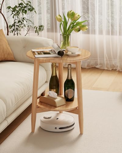 Round End Table,Solid Wood Small Round Table with Lower Shelf,Round Side Table，Nightstand for Small Spaces,Living Room,Bedroom(Natural) - color: Natural