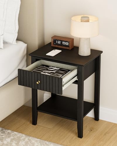 Fluted Nightstand, Farmhouse Night Stand with 1 Drawers, Mid Century Modern Side Accent Table,Bedside End Table for Bedroom, Living Room, Black - color: Black, size: 1 Drawer