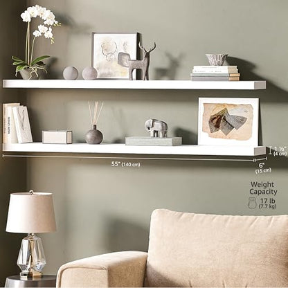 Ballucci Floating Shelves, 55" Wood Wall Shelf Set of 2, with Invisible Brackets for Bathroom, Living Room, Bedroom, Kitchen, Nursery, 6" Deep, White - color: White, size: 55.1 inches