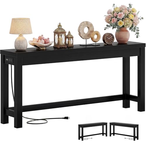 Cyclysio 63" Console Tables for Entryway, Long Console Tables for Living Room, Behind Couch Table, Sturdy Wood Support Hallway Table with 3AC+2USB Charging‌ Station, Black - color: Black, size: 63 inch