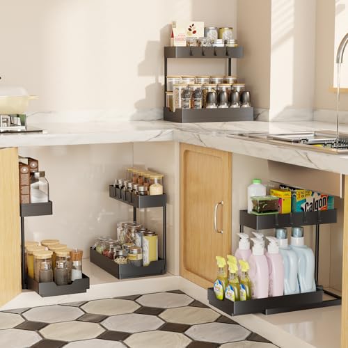 Simple Trending Under Sink Organizer 2 Pack, 2 Tier Cabinet Organizer with Sliding Basket, Multi-Purpose Sink Storage Basket with 4 Hooks for Kitchen Bathroom, Black - size: 2 pack