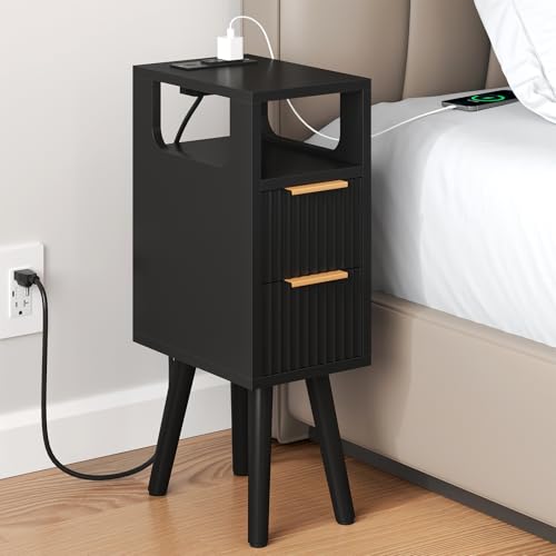 Narrow Side Table with Charging Station, Skinny Fluted Nightstand, Black | 7.9" Wide, 24.4" H, 2 Drawers, Solid Wood Feet, Open Shelf, Slim End Table for Small Spaces, Bedroom - color: Black-1 Pcs