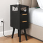Narrow Side Table with Charging Station, Skinny Fluted Nightstand, Black | 7.9" Wide, 24.4" H, 2 Drawers, Solid Wood Feet, Open Shelf, Slim End Table for Small Spaces, Bedroom - color: Black-1 Pcs