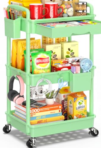 SUNALLY 3 Tier Rolling Cart with Drawer, Craft Storage Cart Organizer,Green | Bathroom Storage Organizer with 2 Lockable Wheels, Rolling Utility Cart for Kitchen, Office, Baby, Makeup, Nail,Snack,Laundry - color: Green, size: 3 Tier