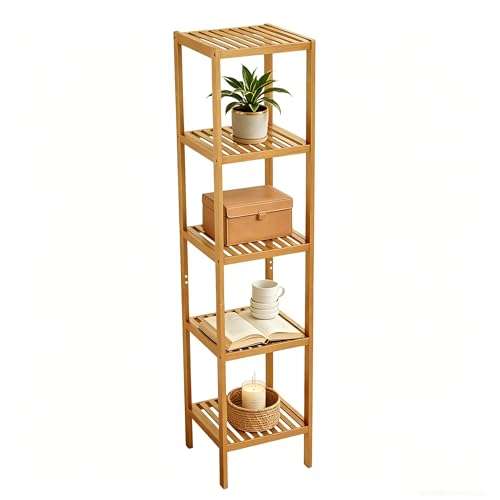 IDEALHOUSE Bamboo Storage Shelf, 5-Tier Freestanding Organizer, Narrow Corner Shelving Unit for Entryway, Bathroom, Living Room, Balcony, Kitchen, Natural Bamboo, 13 x 13 x 38.6 Inches, Wood - color: 5 Tier-wood