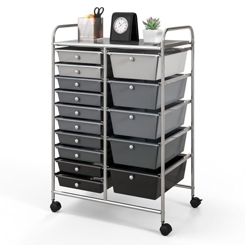 GLACER 15 Drawers Rolling Storage Cart, Steel Frame Craft Organizer Cart | Utility Cart w/Lockable Wheels & Sleek Handle, Mobile Art & Tool Supply Trolley for Teacher, Home, School, Office (Grey) - color: Grey, size: 15 Drawers (5 Big +10 Small)
