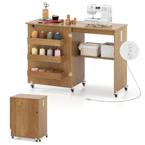 Giantex Folding Sewing Table with Charging Station, Storage Trays & Shelf | Rolling Craft Table with Lockable Wheels, Foldable Sewing Machine Cabinet Desk for Small Spaces, Dorms, Natural - color: Natural