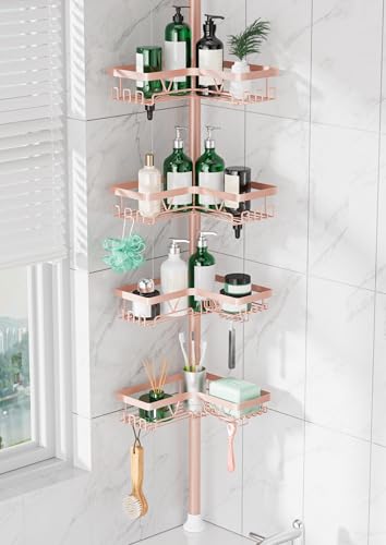 DAOYA Corner Shower Caddy Tension Pole - 4‑Tier Adjustable Shower Shelf Organizer Space‑Saving Bathroom Storage for Bathtub or Floor, Apricot - color: Apricot