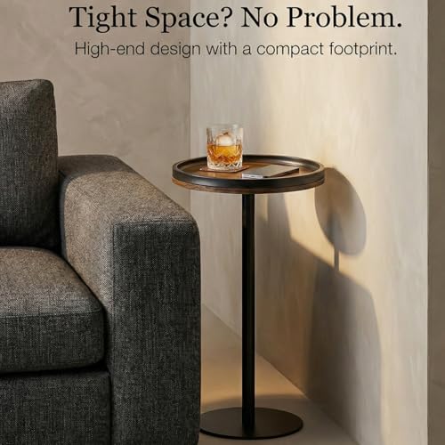 Small Round Side Table,Drink Table with Weighted Base,Industrial Metal & Wood Pedestal End Table with Tray Top, Martini Table for Small Spaces, Living Room, Next to Sofa,24.7" H - color: Rustic Brown