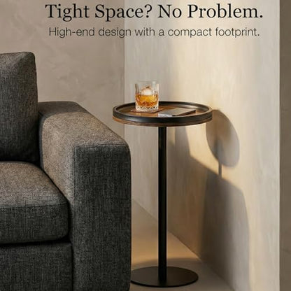 Small Round Side Table,Drink Table with Weighted Base,Industrial Metal & Wood Pedestal End Table with Tray Top, Martini Table for Small Spaces, Living Room, Next to Sofa,24.7" H - color: Rustic Brown