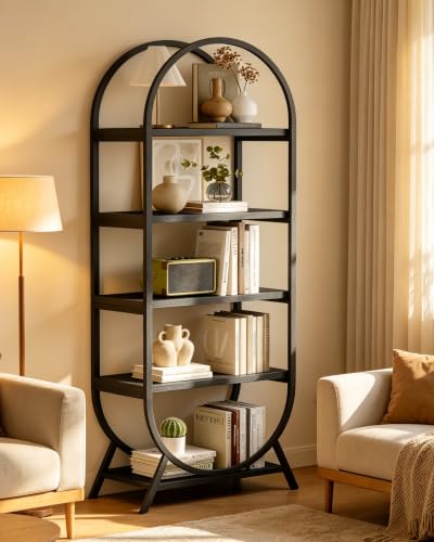 Bookshelf Arched Bookcase, Industrial 5 Tier Open Book Shelves with Metal Frame, 72" Tall Freestanding Display Rack for Home Office, Living Room, Black - color: Black, size: 5 Tier Arched
