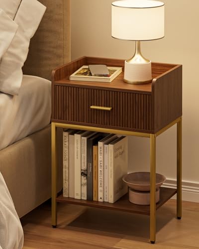 Nightstand, 3-Tier Bed Side Table, Small End Table, Night Stand with Open Shelf and Drawer, Bedside Table for Bedroom, Living Room, Walnut - color: Walnut, style: Without Charging Station