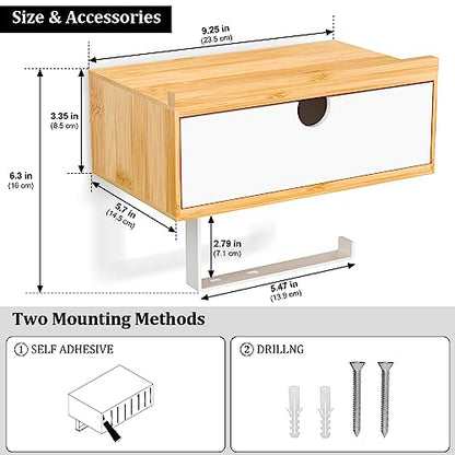 Domax Toilet Paper Holder with Shelf,Wall Mount/Adhesive Bathroom Toilet Paper Holder,Bamboo Wood Tissue Toilet Roll Holder with Storage Drawer for Organizer Wipes,Fits Any Room, Bamboo+White, Large - color: Bamboo+white