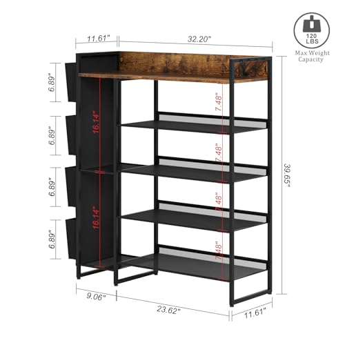 Brown 5-Tier Shoe Organizer - Free Standing Shoe Rack with Storage Bag for High Heels, Entryway, Hallways, Closets, Dormitory Rooms - size: 5 Tier with Side Bag