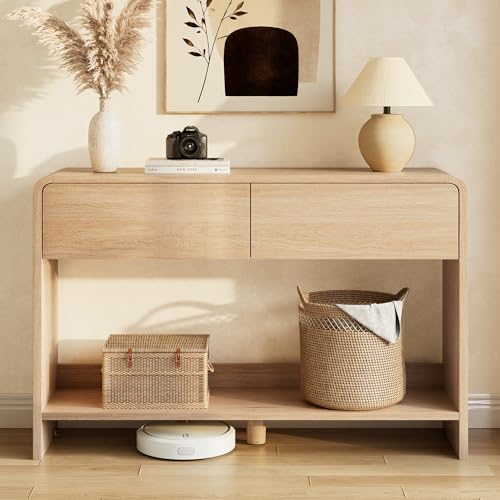 AMERLIFE 45" Modern Entryway Console Table with 2 Storage Drawers | Open Bottom Shelf, Wood Grain Finish, Rounded Edges, Long Sofa Table, Behind Couch, Hallway, Foyer, Living Room, Natural Oak - color: Natural Oak - Flat Panel, size: 45"