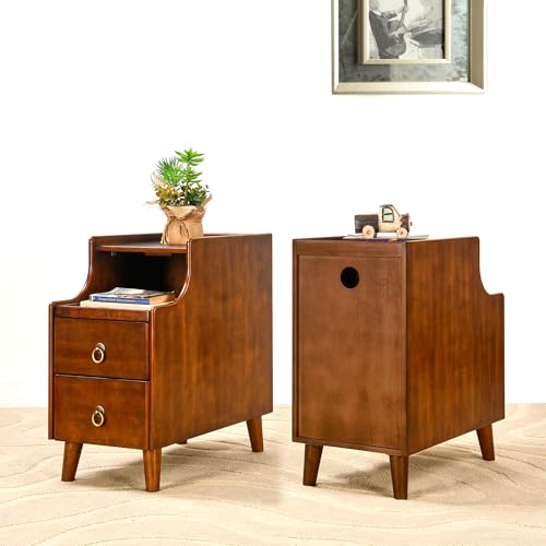 Narrow End Side Table Set of 2 with 2 Drawers and Pull-Out Tray, No-Tools Assembly Sofa Beside Table for Living Room, Slim Side Table with Wood Legs, 11.8”W x 21.6”L x 22.9”H Caramel Brown BG-A1359-MG - style: 2*End Table with 2 Drawers