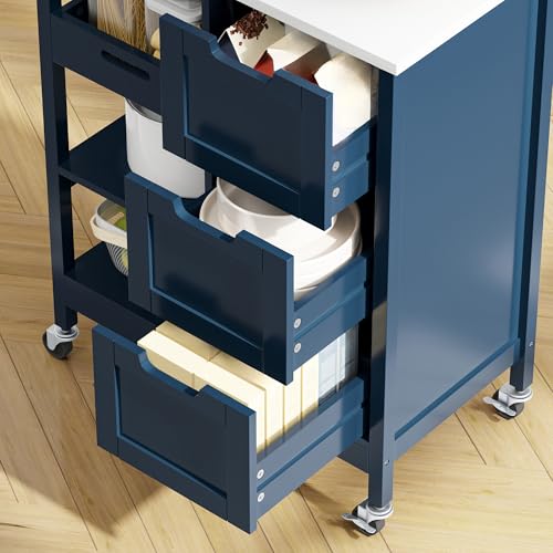 YITAHOME Small Solid Wood Top Kitchen Island Cart on Wheels with Storage, Rolling Portable Dining Room Serving Utility Carts Mobile Movable with 3 Drawers Cabinet, Navy Blue - style: 26.7"W Blue