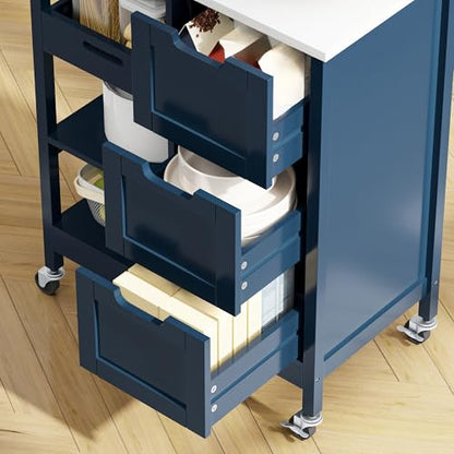YITAHOME Small Solid Wood Top Kitchen Island Cart on Wheels with Storage, Rolling Portable Dining Room Serving Utility Carts Mobile Movable with 3 Drawers Cabinet, Navy Blue - style: 26.7"W Blue