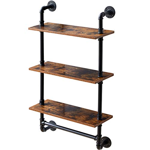 IBUYKE 3-Tiers Industrial Pipe Shelves with Towel Bar RF-TM015 | Rustic Wall Mount Bookcase,Metal Bracket Storage Wall Shelf for Bedroom, Kitchen - size: 3 Tier with Tower Bar