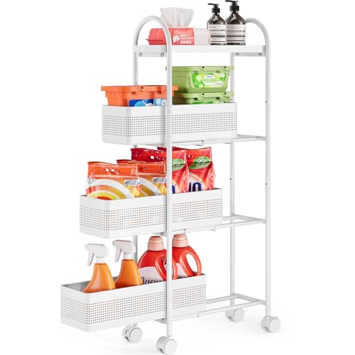KINGRACK 4-Tier Slim Storage Cart with 3 Pull Out Basket, Rolling Bathroom Organizer Utility, Metal Shelving Unit Slide Out, Lockable Wheels, Easy Assembly for Narrow Place, Kitchen, Office, White - color: White, size: 4 Tier-3BKT