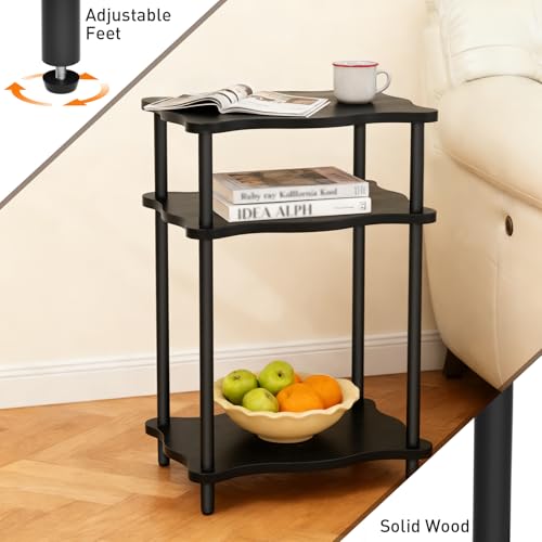 THUMEYE 3-Tier Side Table, 15.7”x11.8”x23” Space-Saving End Table with Solid Wood Legs, Tool-Free Assembly Nightstand for Bedroom Living Room, Black - color: Black