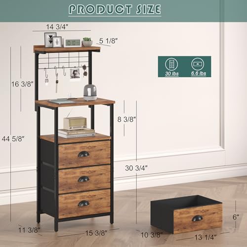 sthmec Tall Nightstands with Charging Station, LED Night Stand Bedsides with 3 Fabric Drawers,Hooks,USB Port and Open Storage Shelves,Tall End Table Bedside Tables for Bedroom,Office, Rustic Brown - color: Rustic Brown, style: 3 Darwers
