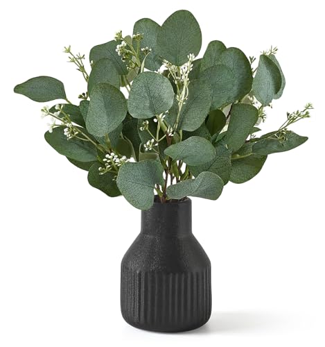 Dahey Fake Eucalyptus Plants in Small Ceramic Vase for Bathroom Table Decor | Realistic Artificial Plants Indoor, Modern Farmhouse Coffee Table Centerpieces, Greenery for Kitchen Shelf Living Room, Black - color: Black, size: Small