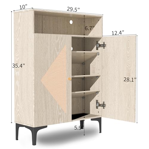 Shoe Cabinet Storage for entryway, Rattan Shoe Cabinet with Double Doors, 3 Adjustable Shelves, Slim Modern Shoe Organizer Cabinet with Open top Shelf and Metal Legs