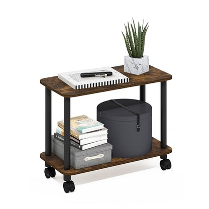 Furinno Turn-N-Tube Side Table, 2-Tier Sofa End Table with Wheels, Toolless Assembly Night Stand, Bedside Table with Open Shelf, for Living Room, Bedroom, Amber Oak - color: Amber Oak/Black