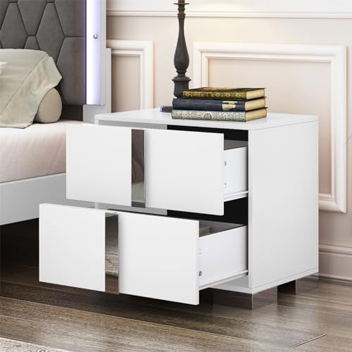 Merax Night Stand with 2 Drawers, Wood Nightstand Mirrored Metal Legs Bedside End Table for Bedroom, Dorm, White - color: White, size: Short-Legs