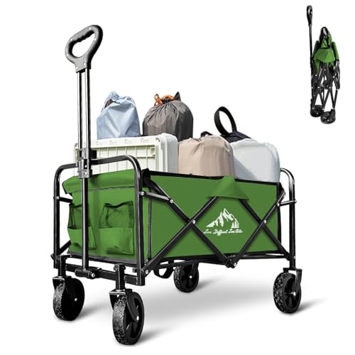 Collapsible Wagon with Quiet Wheels - Silent Grocery Shopping Cart for Seniors, Foldable Utility Cart for Laundry & Apartment, Washable Heavy Duty Rolling Wagon with Two Mesh Pockets, Green - color: Green
