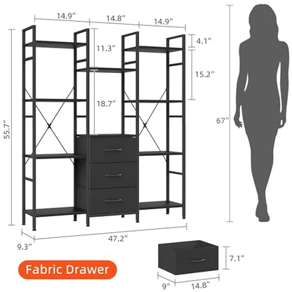 AFLUI Triple Bookshelf with 3 Fabric Drawers, 4-Tier Book Shelf and 10 Display Shelves, Industrial Large Bookcase for Home & Office, Black, 47'' Wide - color: Black, size: 4 Tier(47" W)