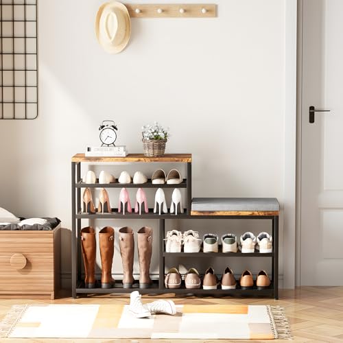 Shoe Rack,Freestanding Hidden Shoe Storage Organizer for Entryway, Shoe Bench Shelves for High Boot with Seat Cushion,Wood Shoe Rack Cabinet for Front Door Entrance Closet, Hallway, 5 Tier,Brown - size: 5 Tier with Seat