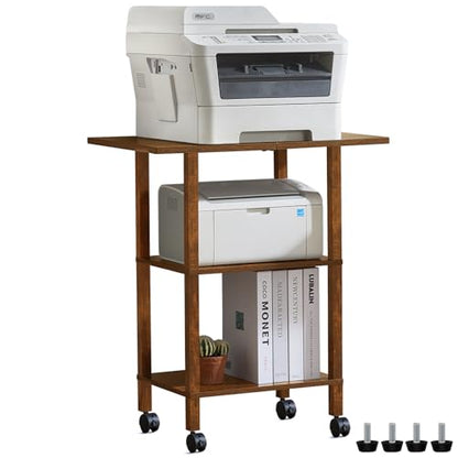 YUFAM 3 Tier Home Printer Stand with Storage, Brown | Wooden Mobile Printer Table Shelf, Rolling Printer Cart Shelf with Lockable Wheels fit Fax Machine, Scanner - color: Brown, size: 15.75"D×23.65"W×25.7"H