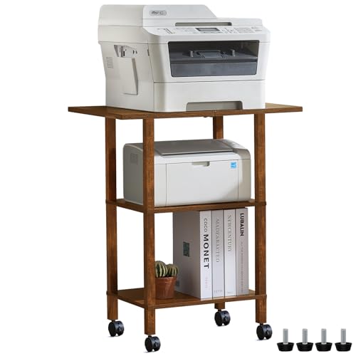 YUFAM 3 Tier Home Printer Stand with Storage, Brown | Wooden Mobile Printer Table Shelf, Rolling Printer Cart Shelf with Lockable Wheels fit Fax Machine, Scanner - color: Brown, size: 15.75"D×23.65"W×25.7"H